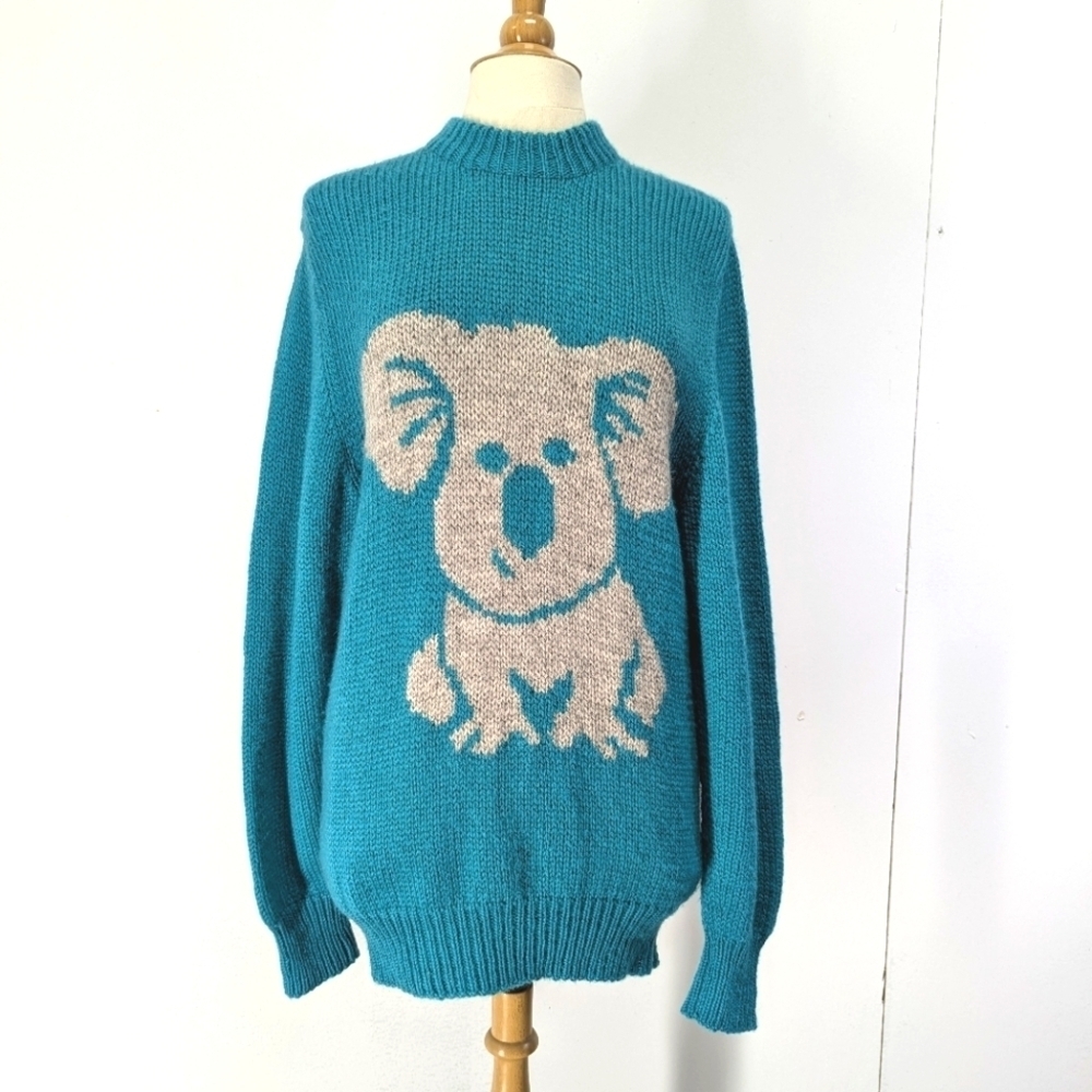 Vintage Glen Carron Koala Bear Teal Wool Sweater L Long New Zealand Handmade